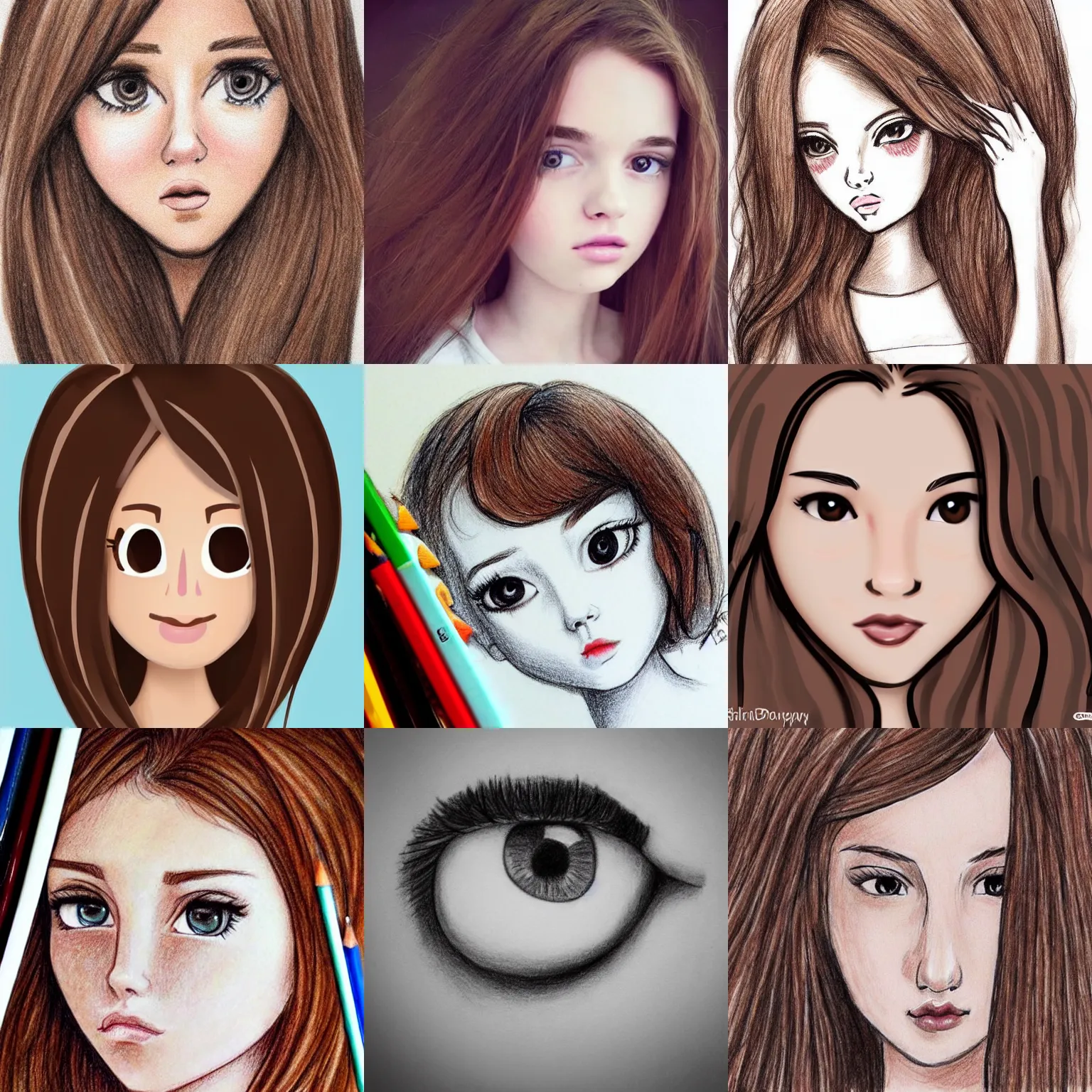 Prompt: teen girl with brown hair, big brown eyes and long face shape. cute. drawing.
