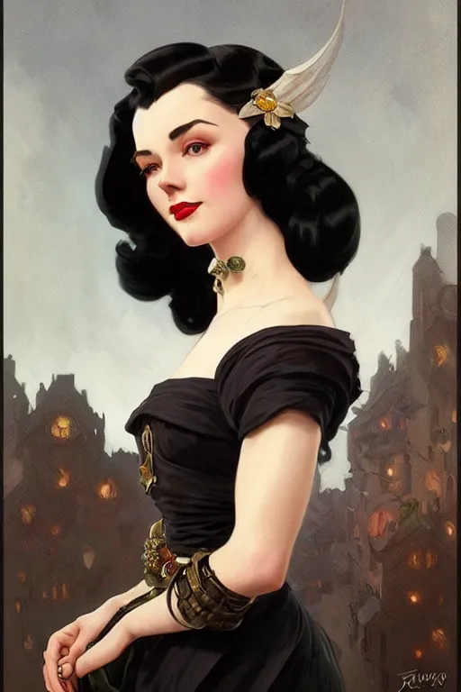 Image similar to a woman with black hair, dressed in 1940's fashion, D&D, fantasy, intricate, elegant, highly detailed, digital painting, artstation, concept art, matte, sharp focus, illustration, art by Artgerm and Greg Rutkowski and Alphonse Mucha