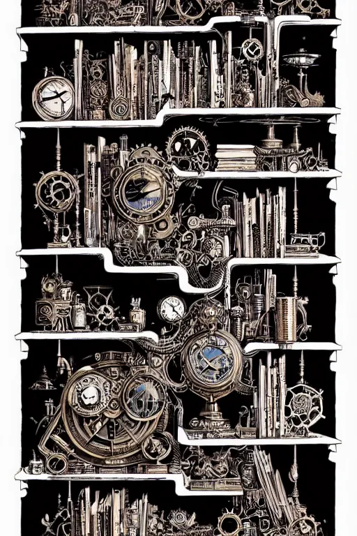 Image similar to a majestic steampunk alchemist book shelf, furniture, high details, bold line art, by vincent di fate and joe fenton, inking, etching, screen print, masterpiece, trending on artstation, sharp, high contrast, hyper - detailed,, hd, 4 k, 8 k