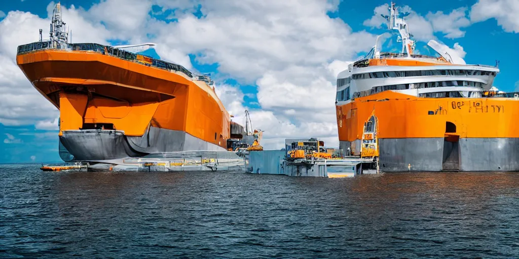 Image similar to futuristic barge ship, yellow - orange color, wide - angle lens, dramatic lighting, cool marketing photo