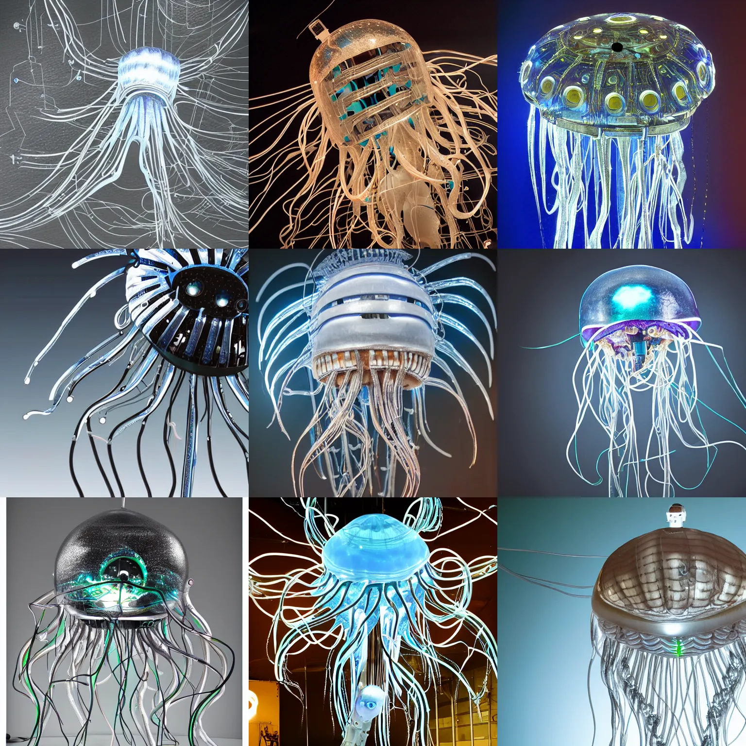 Prompt: A robotic, cybernetic, metallic jellyfish, crackling with electricity