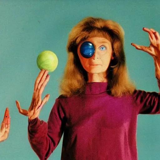 Image similar to middle-age woman enters an eyeball cult, 1977 live-action children's tv show, color