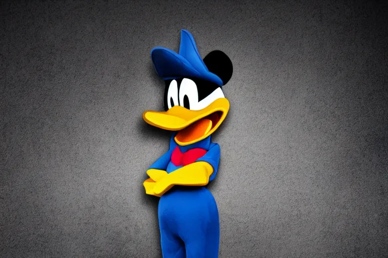 Image similar to donald duck hide incorner of dark room, smiling, dark, flash light, dream core, horror