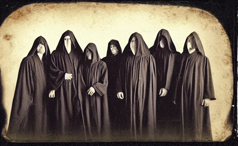 Prompt: a old daguerreotype photo of a group of cultists, wearing robes, wearing hoods, on a pilgrimage to hell, grainy, old photo, golden ratio, scary, horror photography, 5 0 mm lens, f 1. 8