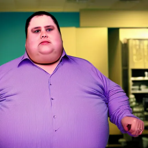 Image similar to morbidly obese 2000kilo snake oil salesman wearing authentic purple green sip tech cowboy augmentation standing in front of blank background