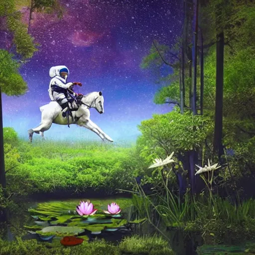 Prompt: a photo of an astronaut riding a horse in the forest. there is a river in front of them with water lilies.