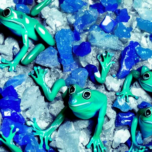 Image similar to investors in a cave full of blue crystals and frogs