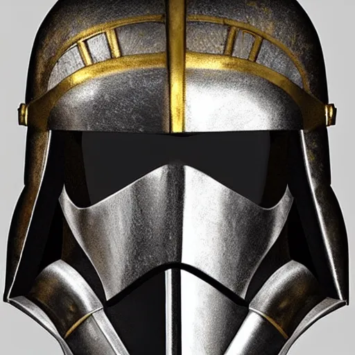 Image similar to bust portrait of a knight, high detail, silver, steel, helmet, ornate decoration, gold trim, storm trooper, mandalorian, darth revan, star wars, octane, unreal 5