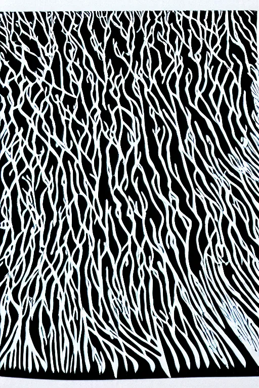 Image similar to reaction diffusion artwork of a winter forest, reaction diffusion linocut, as reaction diffusion