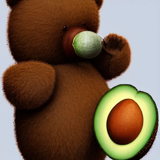 Prompt: an anthropomorphic robot bear holding an avocado and offering it to the viewer, ultra detailed, 8 k, trending on artstation, award - winning art,