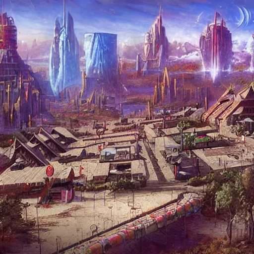 Image similar to a medieval village next to a cyberpunk spaceport spaceship dock. used future aesthetic. digital matte painting by james gurney and david mattingly.