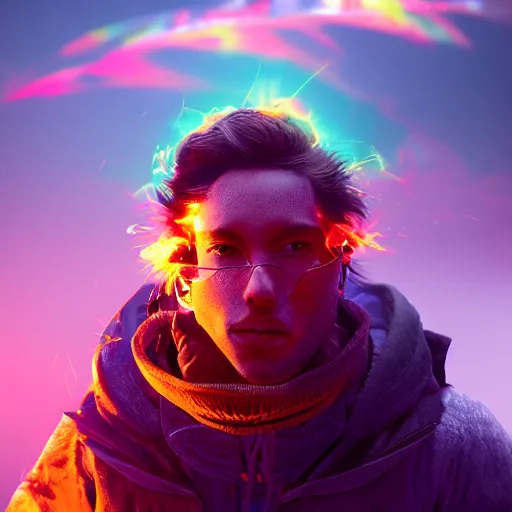 Image similar to portrait of man, his head is in smoke vaporizing, colorful vivid sky in background, made andrew chiampo, artstation, frederik heyman, extremely detailed, stunning volumetric lighting, fantasy, hyperrealism, 3 d render, octane render, unreal engine, fantasy, intricate detail, 4 k, futuristic, sharp focus, smooth