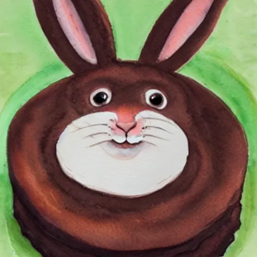 Image similar to a rabbit baking a chocolate cake, realistic watercolour