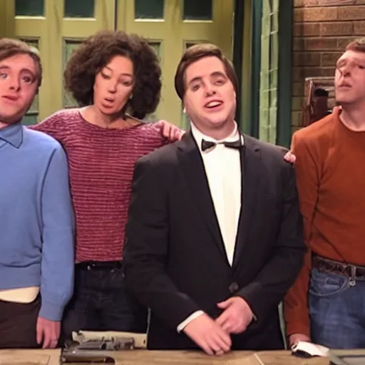 Prompt: a Saturday Night Live sketch starring Fred, Greg, Bob, and Sarah