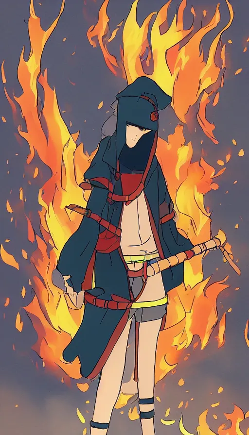 Prompt: a ninjia from the fire kingdom waiting for the bus dawn in the style of the naruto anime, inspired by the Temperacne Tarot card