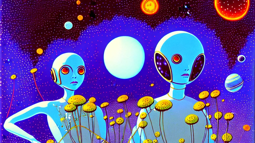 Image similar to a scifi illustration, A bouquet of flowers at the heart of a planet in FANTASTIC PLANET La planète sauvage animation by René Laloux