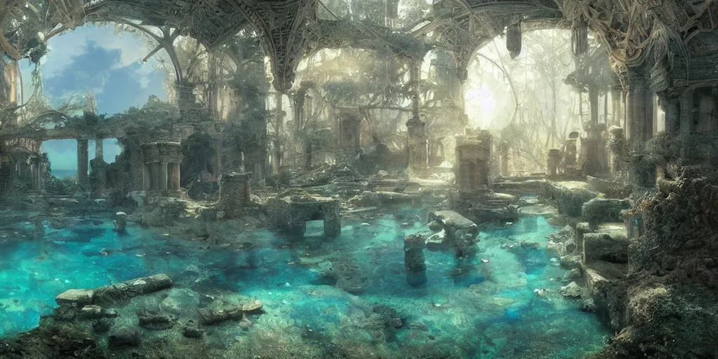 Prompt: hyper realist matte digital painting of an abandoned underwater city, ancient ruins, underwater photography, jugendstill, floating in water, bubbles rising, seaweed, fairytale, fantasy art, photo realistic, dynamic lighting, artstation, volumetric lighting, by mucha, by alma tadema