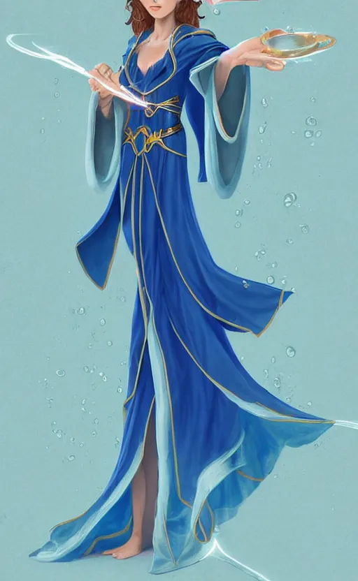 Image similar to elf female sorcerer doing water magic spells, blue robes, exquisite details, full body character design on a white background, by studio muti