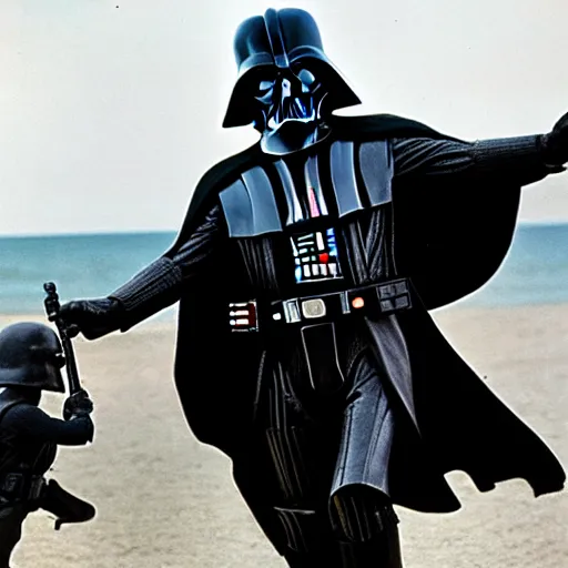 Prompt: a world war 2 award winning photo of darth vader storming the beach