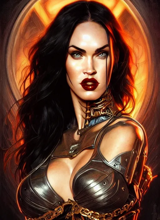 Prompt: portrait of megan fox as kiss, heavy metal, hell, intricate, headshot, highly detailed, digital painting, artstation, concept art, sharp focus, cinematic lighting, illustration, art by artgerm and greg rutkowski, alphonse mucha, cgsociety