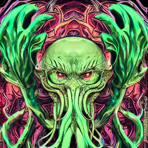 Image similar to 4K headshot of godlike Cthulhu with defined arms and open hands and bloody clothes with giant mandala wings , intricate face , flawless anime cel animation by Kentaro Miura, psychedelic , highly detailed upper body , professionally post-processed , beautiful, scary, symmetry accurate features, epic, octane rendered, anime masterpiece, accurate