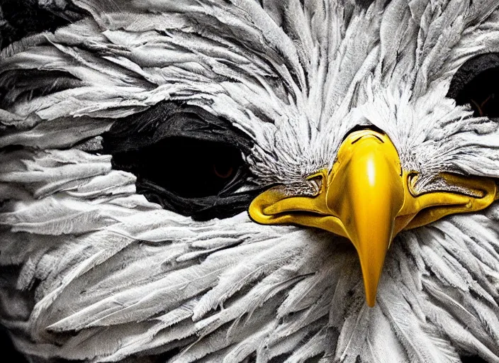 Prompt: pieces of a ripped flag!!!, chicken feathers and saw dust molten and restructured into a beautiful!!!, abstract!!! sculpture of an eagle, high contrast, award winning photo, dslr, high quality