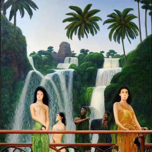 Image similar to a ultradetailed beautiful painting of lorde, frank ocean, the weeknd and lana del rey standing in front of the diamonds waterfall in the amazonas palace balustrade designed by jules bastien - lepage, tarsila do amaral, frank weston and gustave baumann, beach, trending on artstation, mediterranean, palm trees, sharp focus, soft light, 8 k 4 k