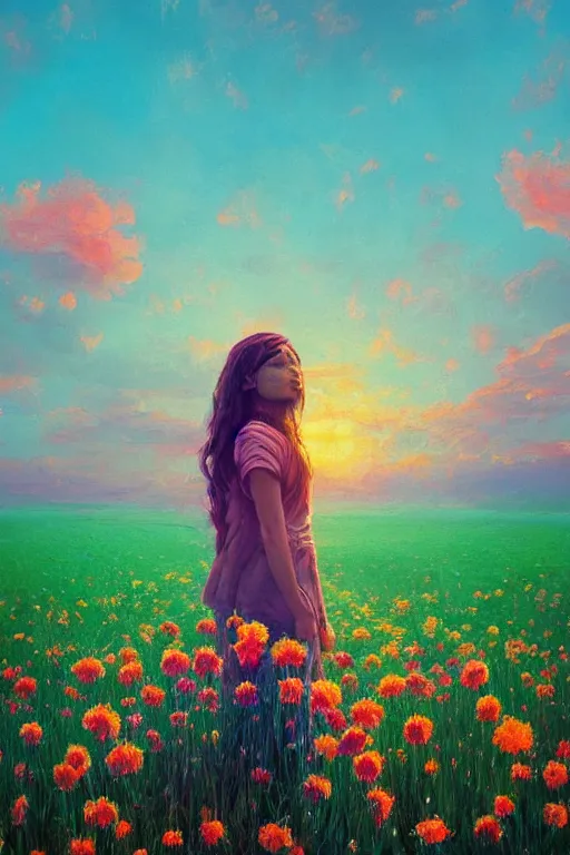 Image similar to closeup, huge flower head, girl standing in a field of flowers, surreal photography, sunrise, blue sky, dramatic light, impressionist painting, digital painting, artstation, simon stalenhag