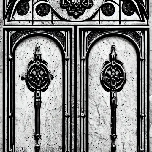 Prompt: portal double doors with a big face carved in the center. gothic medieval baroque. black iron. symmetry. epic. ominous shapes. trending on artstation