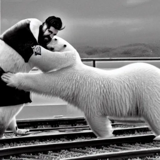 Prompt: Kevin Smith fighting a polar bear on top of a train