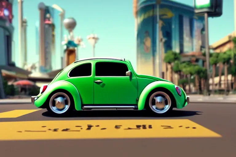 Image similar to a wholesome animation key shot of!! one!! focused!! vw beetle superbug!! in shiny reflective stainless steel, in a las vegas street, medium shot, studio ghibli, ( pixar ) and disney animation, sharp, very detailed, high resolution, rendered in unreal engine 5, anime key art by greg rutkowski, bloom, dramatic lighting