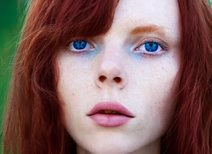 Prompt: close up portrait photograph of a anesthetic beautiful!!! thin young redhead woman with russian descent, sunbathed skin, symmetric face!!! with deep blue ((Symmetric round eyes!!! )) . Wavy long maroon colored hair. she looks directly at the camera. Slightly open mouth, face takes up half of the photo. a park visible in the background. 55mm nikon. Intricate.