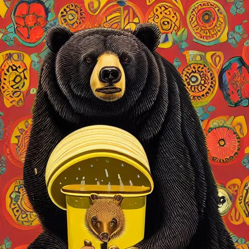 Prompt: bear eating grom a honey pot by casey weldon and martine johana, rich colors, intricate, elegant, highly detailed, centered, digital painting, artstation, concept art, smooth, sharp focus, illustration