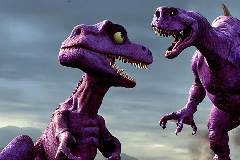 Image similar to VFX movie where Barney the Dinosaur plays the Terminator by James Cameron