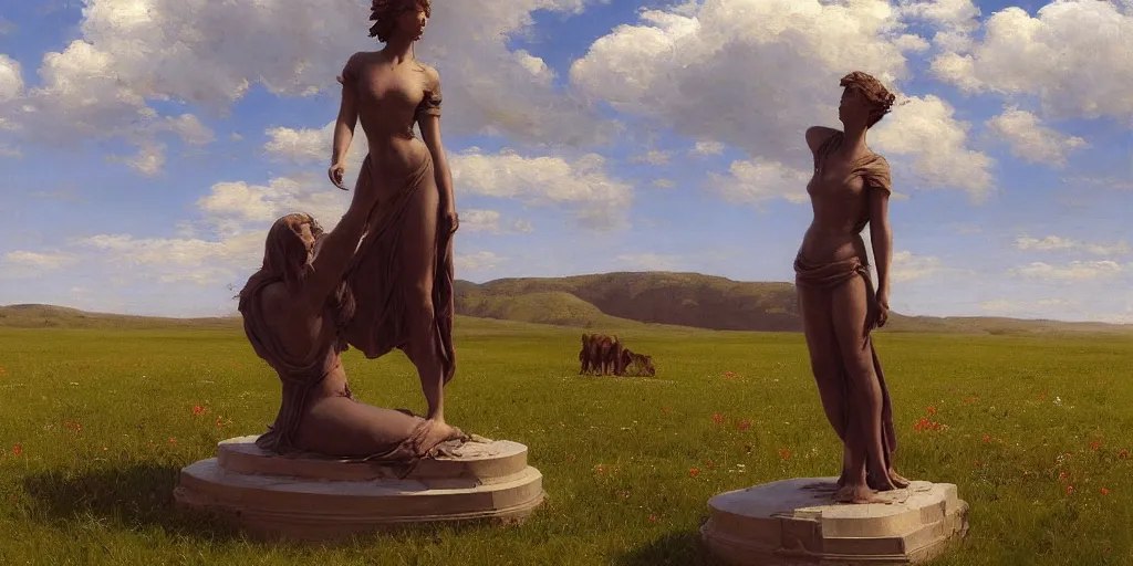 Image similar to Lone statue in a vast field by Alexander Averin and Charlie Bowater and Guillaume Seignac and Charles Edward Perugini