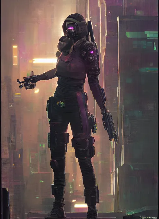 Image similar to Ela. Cyberpunk mercenary in tactical gear infiltrating corporate mainframe. (Cyberpunk 2077), blade runner 2049, (matrix) Concept art by James Gurney, Craig Mullins and Alphonso Mucha. Stylized painting with Vivid color.