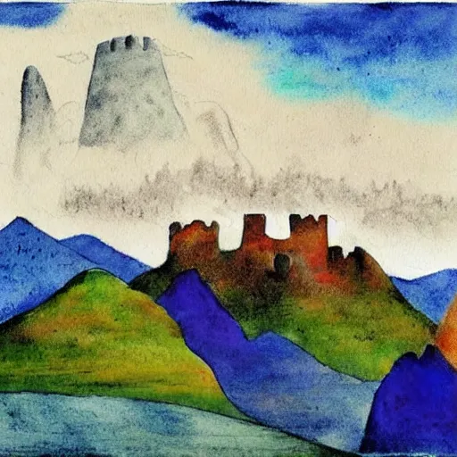 Prompt: a drawing of a castle and mountain with clouds in the background, a watercolor painting by Rufino Tamayo, featured on deviantart, qajar art, childs drawing, oil on canvas, storybook illustration