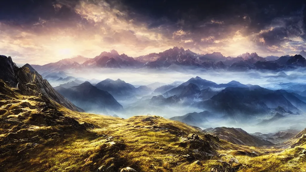 Prompt: mountain ridge, dramatic, ultra - wide angle, long exposure, ultra - hd, beautiful lighting, ray tracing studio illumination, in a symbolic and meaningful style, heavenly perspective, trending, award wining, featured, concept art, hyper realism