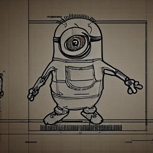 Image similar to anatomy of a minion on a blueprint, intricate detailed,