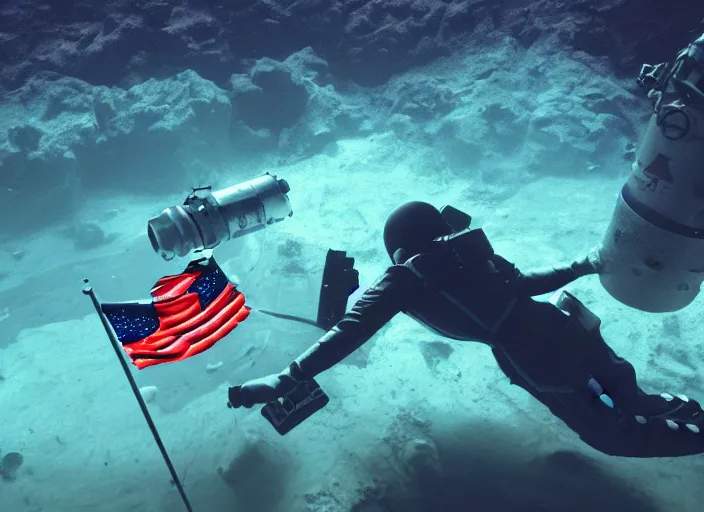 Image similar to astronaut underwater putting a flag in the sand of the bottom of the ocean. there is a submarine that looks like a rocket in the distance. dark, concept art, cinematic, dramatic, atmospheric, 8 k, trending on artstation, low visibility, zack snyder