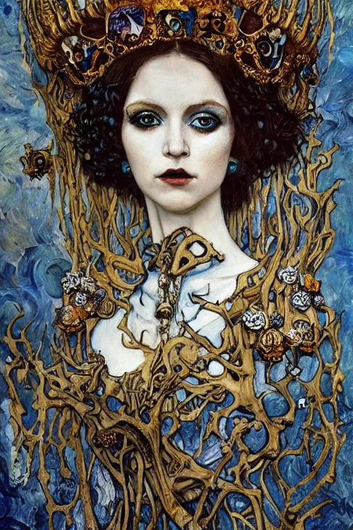 Prompt: The Queen of Bones by Karol Bak, Jean Deville, Gustav Klimt, and Vincent Van Gogh, portrait of a porcelain princess wearing a crown, beautiful porcelain doll face, pale blue eyes, mystic eye, otherworldly, crown made of bones, ornate jeweled crown, skulls, fractal structures, arcane, inscribed runes, infernal relics, ornate gilded medieval icon, third eye, spirals, rich deep moody colors