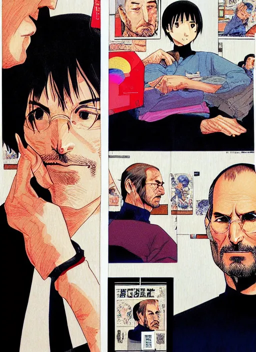 Image similar to steve jobs manga in color, final page, portrait, by katsuhiro otomo and hiroya oku and makoto yukimura