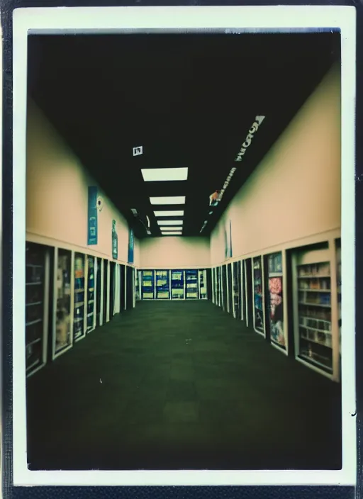 Image similar to polaroid photograph of the inside of an empty blockbuster store, liminal space, familiar place, mannequins, black mold, amateur, 3 5 mm, raw, 4 k, hd