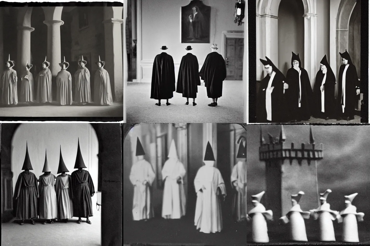 Prompt: - Early black and white photograph of robed figures with tall pointed hats inside a castle, creepy, blurry, blurry, blurry, 8mm