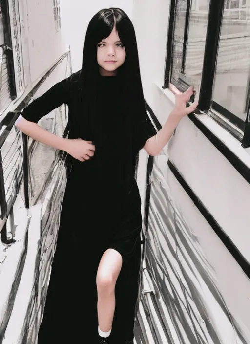 Prompt: a 1 4 year old girl with straight long black hair wearing black dress