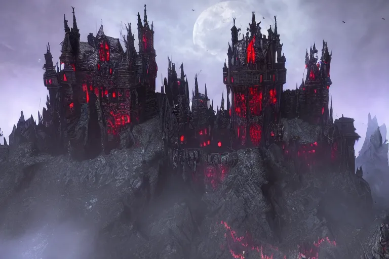 Image similar to big evil castle - city rock dark shadow elves, might and magic heroes vii, dark fantasy, shadows, artstation trending, unreal engine 5, red