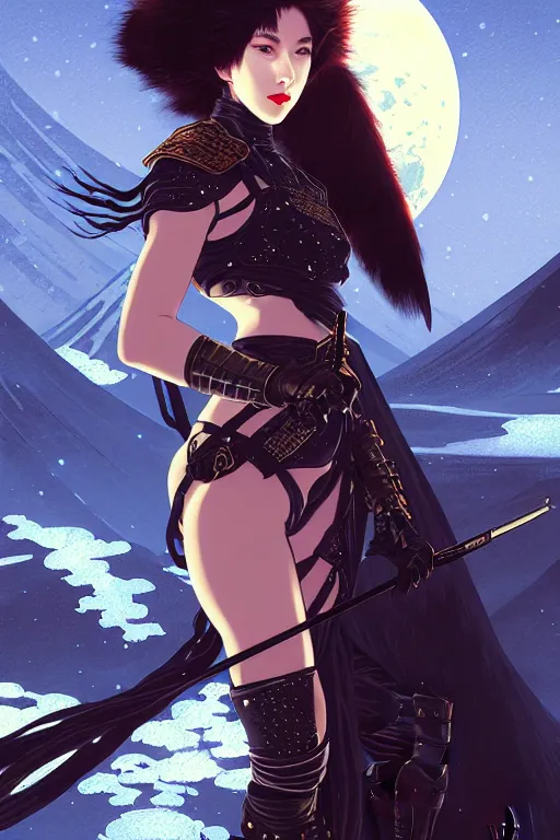 Prompt: portrait ninja gaiden girl, armored dieselpunk wardrobe, at snowy fuji mountain moonlight, ssci - fi and fantasy, intricate and very beautiful and elegant, highly detailed, digital painting, artstation, concept art, smooth and sharp focus, ( ( illustration, art by tian zi and wlop and alphonse mucha ) )