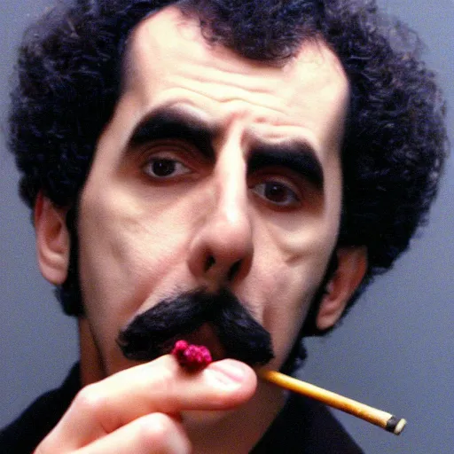 Image similar to A portrait of borat sagdiyev smoking a rolled marijuana joint, 8k, professional photography