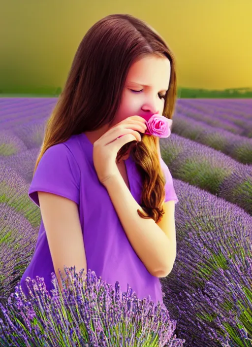 Image similar to girl eating a rose in a lavender field. by AquaSixio, hyperrealistic illustration, digital art, 4k, very detailed faces