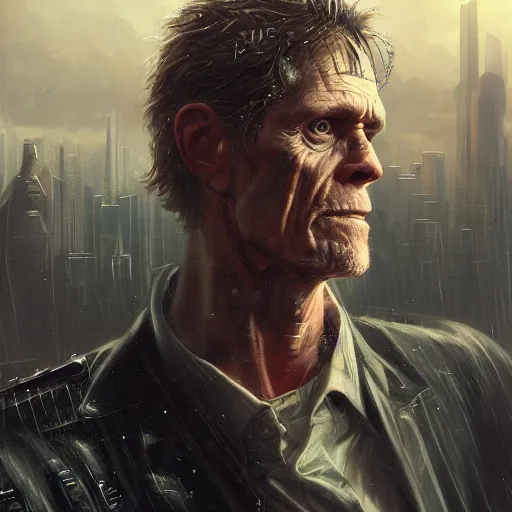 Prompt: closeup portrait of william dafoe, cyberpunk, shaggy ex military guy, city background, dramatic light, gorgeous view, depth, high detail, digital art, painted by greg rutkowski and seb mckinnon, neuromancer, trending on artstation